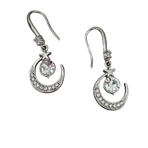 Silver Tone New Star Moon White Sapphire Dangle Earrings - Picture 2 of 7